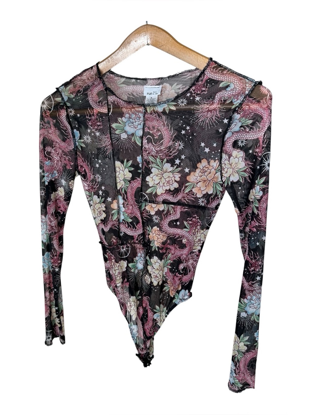 Rue 21 Mesh Bodysuit Dragon Floral Print Size Medium New Sheer Black